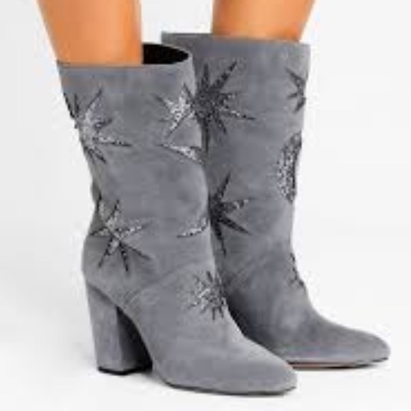 Avec Les Filles Nikita Gray Suede Glitter Star Moon Celestial Mid Calf Boots - Picture 2 of 13